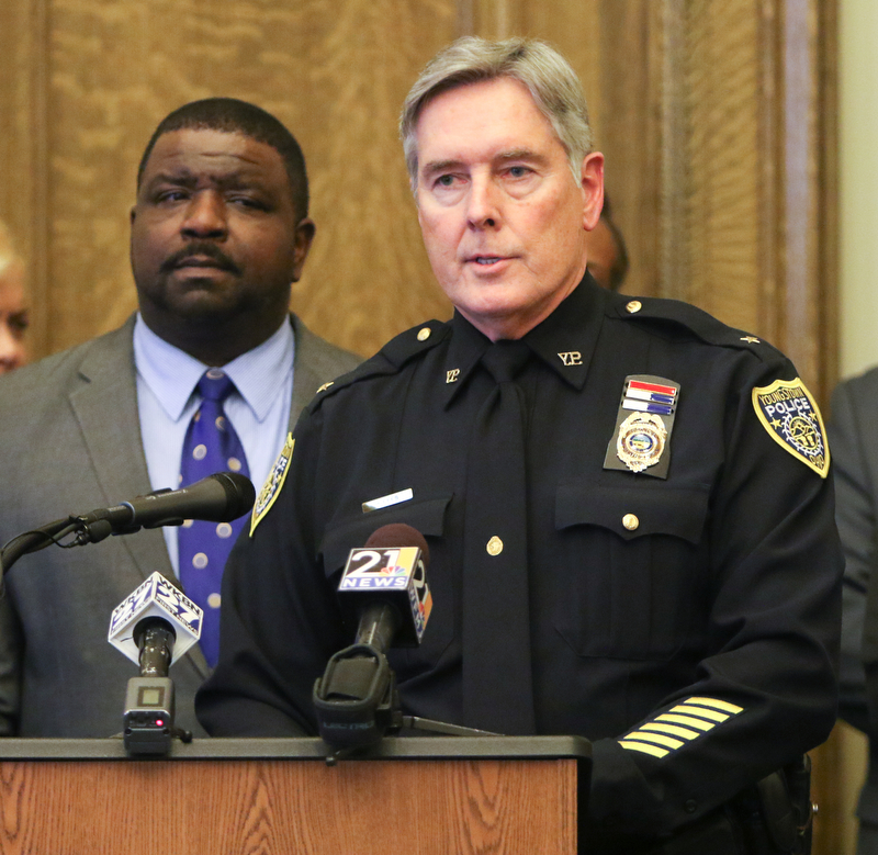  ROBERT K.YOSAY  | THE VINDICATOR..Mayor Tito Brown and Chief Robin Lees..after a triple homicide at Gibson St and Pasadena Ave on the city's southside Wed Night officers detained a car and arrested the driver on charges of drug paraphernalia and a gun..