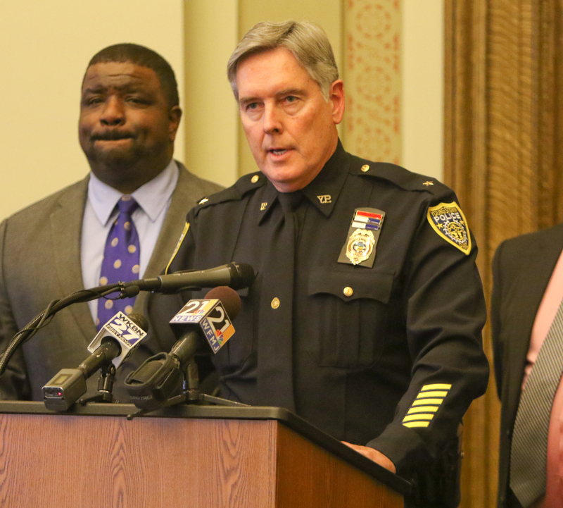  ROBERT K.YOSAY  | THE VINDICATOR..Mayor Tito Brown and Chief Robin Lees..after a triple homicide at Gibson St and Pasadena Ave on the city's southside Wed Night officers detained a car and arrested the driver on charges of drug paraphernalia and a gun..