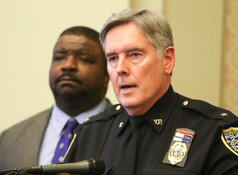  ROBERT K.YOSAY  | THE VINDICATOR..Mayor Tito Brown and Chief Robin Lees..after a triple homicide at Gibson St and Pasadena Ave on the city's southside Wed Night officers detained a car and arrested the driver on charges of drug paraphernalia and a gun..