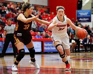 YSU's Sarah Cash dribbles the ball while Loyola's Kat Nolan tries to block her during the first half of their game at YSU on Friday night. EMILY MATTHEWS | THE VINDICATOR