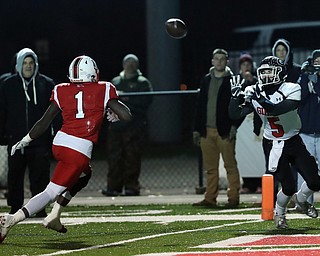 NILES, OHIO - November 10, 2018: GIRARD INDIANS vs PERRY PIRATES at Bo Rein Stadium-  2nd qtr., Girard Indians' Nick Malito (5) catches a td as Perry Pirates' Jaylen Anderson (1) defends.  MICHAEL G. TAYLOR | THE VINDICATOR