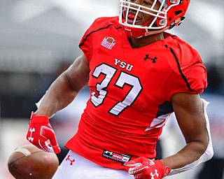 YOUNGSTOWN, OHIO - NOVEMBER 11, 2018: Youngstown State's Tevin McCaster celebrates after scoring a touchdown during the first half of their game, Saturday afternoon at Stambaugh Stadium. DAVID DERMER | THE VINDICATOR