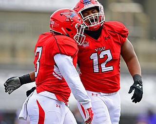 YOUNGSTOWN, OHIO - NOVEMBER 11, 2018: Youngstown State's Ma'lik Richmond, right, and Cash Mitchell celebrate after a tackle during the first half of their game, Saturday afternoon at Stambaugh Stadium. DAVID DERMER | THE VINDICATOR