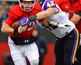 YOUNGSTOWN, OHIO - NOVEMBER 11, 2018: Youngstown State's Montgomery VanGorder is sacked by Northern Iowa's Kendrick Suntken during the first half of their game, Saturday afternoon at Stambaugh Stadium. DAVID DERMER | THE VINDICATOR