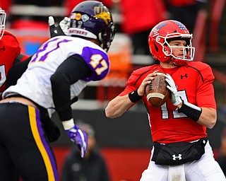 YOUNGSTOWN, OHIO - NOVEMBER 11, 2018: Youngstown State's Montgomery VanGorder looks downfield to pass during the first half of their game, Saturday afternoon at Stambaugh Stadium. DAVID DERMER | THE VINDICATOR