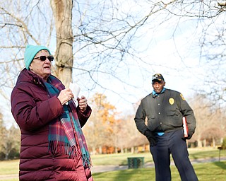 Suzanne Zadell, of Vermilion, speaks about her father, Raymond Eckert, who had been a sergeant with the 82nd Airborne Medical Division and died after his glider crashed on D-Day, during the Forgotten Heroes program in Forest Lawn Cemetery in Boardman on Sunday. EMILY MATTHEWS | THE VINDICATOR