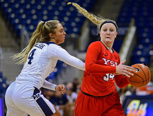 PITTSBURGH, PENNSYLVANIA - NOVEMBER 13, 2018: Youngstown State's McKenah Peters drives on Pittsburgh's Cassidy Walsh during the second half of their game, Tuesday night at the Petersen Events Center. Youngstown State won 64-55. DAVID DERMER | THE VINDICATOR