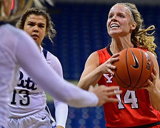 PITTSBURGH, PENNSYLVANIA - NOVEMBER 13, 2018: Youngstown State's Melinda Trimmer goes to the basket after getting past Pittsburgh's Kyla Nelson during the second half of their game, Tuesday night at the Petersen Events Center. Youngstown State won 64-55. DAVID DERMER | THE VINDICATOR