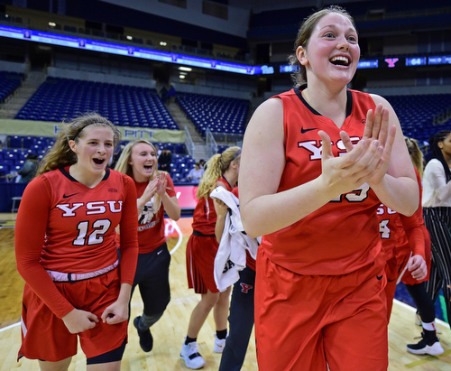 PITTSBURGH, PENNSYLVANIA - NOVEMBER 13, 2018: Youngstown State's Mary Dunn, right, and Chelsea Olsen celebrate on the court after defeating Pittsburgh 64-55, uesday night at the Petersen Events Center. Youngstown State won 64-55. DAVID DERMER | THE VINDICATOR
