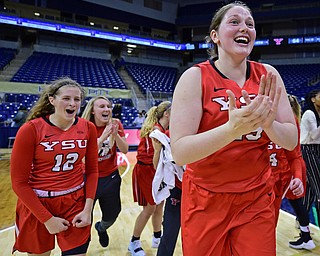 PITTSBURGH, PENNSYLVANIA - NOVEMBER 13, 2018: Youngstown State's Mary Dunn, right, and Chelsea Olsen celebrate on the court after defeating Pittsburgh 64-55, uesday night at the Petersen Events Center. Youngstown State won 64-55. DAVID DERMER | THE VINDICATOR