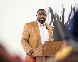 Mayor Tito Brown speaks at a community meeting at St. Dominic Church on Thursday night. EMILY MATTHEWS | THE VINDICATOR