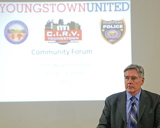 Police Chief Robin Lees speaks at a community meeting at St. Dominic Church on Thursday night. EMILY MATTHEWS | THE VINDICATOR