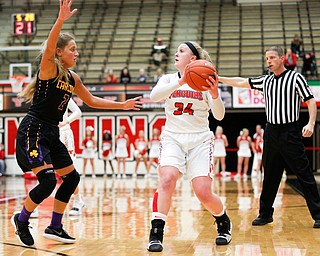 YSU's McKenah Peters looks to pass the ball as Carlow's Delaney Daly tries to block her during their game Friday night at YSU. EMILY MATTHEWS | THE VINDICATOR