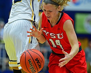 KENT, OHIO - NOVEMBER 20, 2018: Youngstown State's Melinda Trimmer loses control of the ball while bumping into Kent State's Merissa Barber-Smith during the first half of their game, Tuesday night at the Memorial Athletic and Convocation Center. Kent State won 62-34. (David Dermer/Special to the Record Courier)