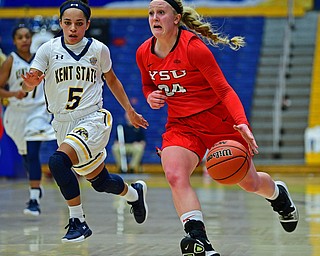 KENT, OHIO - NOVEMBER 20, 2018: Youngstown State's McKenah Peters drives on Kent State's Mariah Modlkins during the first half of their game, Tuesday night at the Memorial Athletic and Convocation Center. Kent State won 62-34. (David Dermer/Special to the Record Courier)