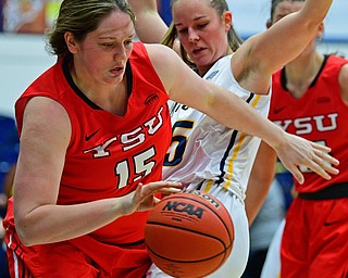 KENT, OHIO - NOVEMBER 20, 2018: Youngstown State's Mary Dunn dribbles the ball away from Kent State's Sydney Brinlee during the second half of their game, Tuesday night at the Memorial Athletic and Convocation Center. Kent State won 62-34. (David Dermer/Special to the Record Courier)