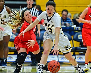 KENT, OHIO - NOVEMBER 20, 2018: Kent State's Annie Pavlansky protects the ball from Youngstown State's Alison Smolinski during the second half of their game, Tuesday night at the Memorial Athletic and Convocation Center. Kent State won 62-34. (David Dermer/Special to the Record Courier)