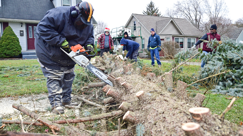 Youngstown will be turning to a backup plan after the Christmas tree it planned to place on Central Square broke apart Wednesday. The tree, which was at a Fifth Street home in Struthers, snapped at the top as crews tried to remove it and put it on a truck. Jason Mauldin uses a chainsaw to cut up a section.