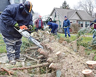 Youngstown will be turning to a backup plan after the Christmas tree it planned to place on Central Square broke apart Wednesday. The tree, which was at a Fifth Street home in Struthers, snapped at the top as crews tried to remove it and put it on a truck. Jason Mauldin uses a chainsaw to cut up a section.