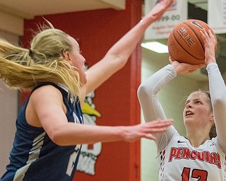 Youngstown State guard Chelsea Olson takes a jumper as Camilla Emsbo of Yale defends at the Beeghly Center Friday night. Olson scored six points and had nine rebounds in a 58-56 loss.