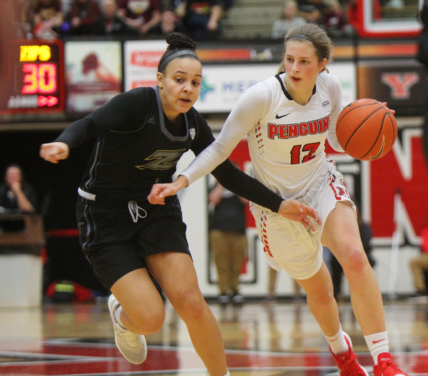 William D. Lewis The Vindicator YSU's Chelsea Olson(12) drives around Akron's Kendal Miller(1).
