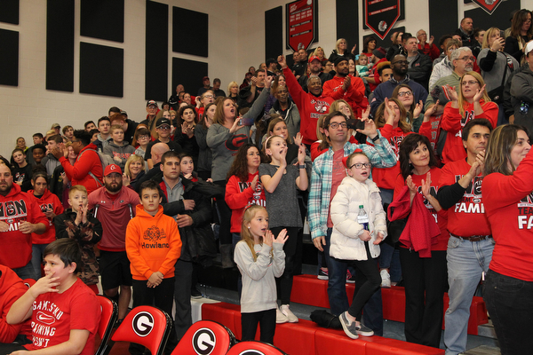 The bleachers inside the Girard High School gymnasium are filled with fans cheering on the football team as they leave for the state championship game on Saturday night.  Dustin Livesay  |  The Vindicator  11/30/18  Girard