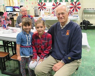 Neighbors | Jessica Harker.Gabriella and Gianna Costas sat with their great-grandfather, John Mulichak, during Boardman Stadium Drive's Veterans Breakfast, standing in for the girls' father, who is currently serving overseas.