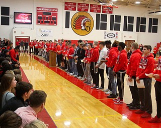 William D. Lewis The Vindicator   Girard FB coach Pat Pearson speaks as the team lines up during a 12-6-18 event at Girtard HS honoring the 2018 stste runners up football team.