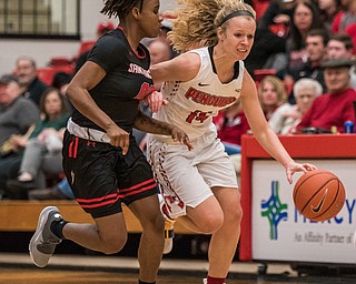 DIANNA OATRIDGE | THE VINDICATOR  Youngstown State's Melinda Trimmer (14) dribbles the ball upcourt against defensive pressure from St. Francis' Phee Allen (00) during their game at Beeghly Center on Saturday.