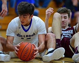 CORTLAND, OHIO - DECEMBER 11, 2018: Lakeview's Brendon Kilpatrick reacts after losing possession of the ball to Boardman's Ethan Andersen after a scrum during the second half of their game, Tuesday night at Lakeview High School. DAVID DERMER | THE VINDICATOR