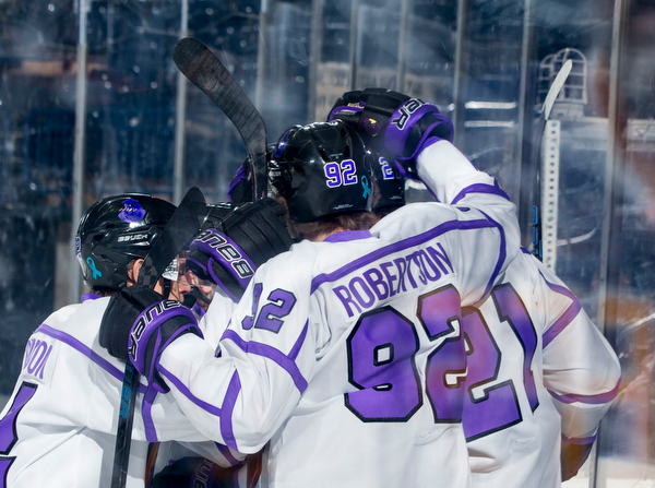 Scott R. Galvin | The Vindicator.The Youngstown Phantoms celebrate forward Brett Murray's first period goal against the Chicago Steel at the Covelli Centre on Saturday, Dec. 15, 2018.