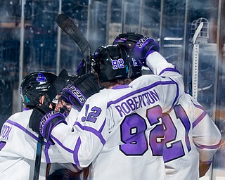 Scott R. Galvin | The Vindicator.The Youngstown Phantoms celebrate forward Brett Murray's first period goal against the Chicago Steel at the Covelli Centre on Saturday, Dec. 15, 2018.