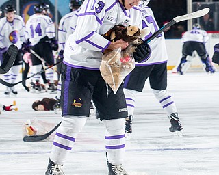 Scott R. Galvin | The Vindicator.Youngstown Phantoms forward Craig Needham (13) picks up stuffed animals following the teddy bear toss for the Phantom's first goal of the game against the Chicago Steel during the first period at the Covelli Centre on Saturday, Dec. 15, 2018.