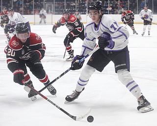 Chicago Steel's Uula Ruikka gets the puck away from Phantoms' Matthew Barnaby Jr. during their game at Covelli Centre on Sunday night. EMILY MATTHEWS | THE VINDICATOR