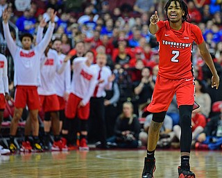 COLUMBUS, OHIO - DECEMBER 18, 2018: Youngstown State's Jelani Simmons celebrates after hitting a three point shot during the first half of their game, Tuesday night at the Schottenstein Center. Ohio State won 75-56. DAVID DERMER | THE VINDICATOR