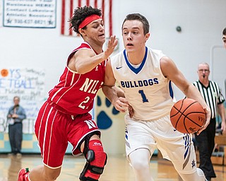 DIANNA OATRIDGE | THE VINDICATOR Lakeview's Daniel Evans(1) drives against Niles' Corbin Foy (22) during the Bulldogs' 68-41 victory in Cortland on Friday.
