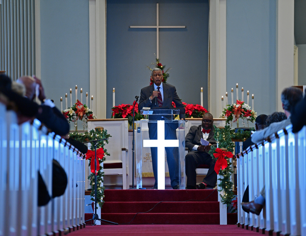 YOUNGSTOWN, OHIO - JANUARY 1, 2019: Reverend Dr. Otis Moss Jr. speaks Tuesday morning during the Community Emancipation Proclamation & Installation of Officers Service at Calvary Baptist Church. DAVID DERMER | THE VINDICATOR