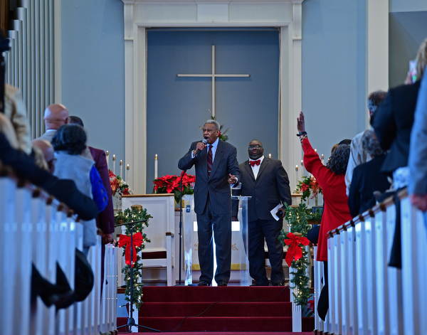 YOUNGSTOWN, OHIO - JANUARY 1, 2019: Reverend Dr. Otis Moss Jr. speaks, Tuesday morning during the Community Emancipation Proclamation & Installation of Officers Service at Calvary Baptist Church. DAVID DERMER | THE VINDICATOR