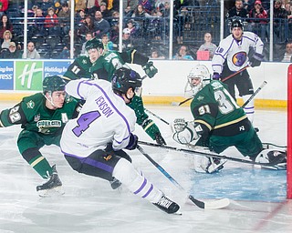 Scott R. Galvin | The Vindicator.Youngstown Phantoms defenseman Nikolai Jenson (4) scores a goal against Sioux City Musketeers goalie Jake Sibell (31) during the first period at the Covelli Centre on Saturday, January 5, 2019.