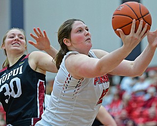 YOUNGSTOWN, OHIO JANUARY 5, 2019: Youngstown State's Mary Dunn grabs a rebound away from IUPUI's Morgan Allen during the first half of their game, Saturday afternoon at Beeghly Center. Youngstown State won 70-52. DAVID DERMER | THE VINDICATOR