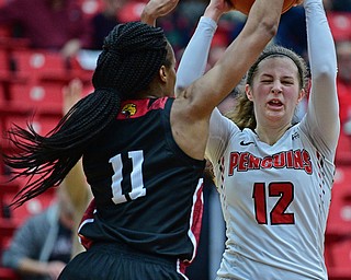 YOUNGSTOWN, OHIO JANUARY 5, 2019: Youngstown State's Chelsea Olson is pressured by IUPUI's Tamya Sims during the first half of their game, Saturday afternoon at Beeghly Center. Youngstown State won 70-52. DAVID DERMER | THE VINDICATOR