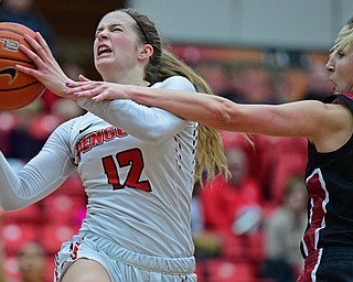 YOUNGSTOWN, OHIO JANUARY 5, 2019: Youngstown State's Chelsea Olson is fouled by IUPUI's Allex Brown during the first half of their game, Saturday afternoon at Beeghly Center. Youngstown State won 70-52. DAVID DERMER | THE VINDICATOR