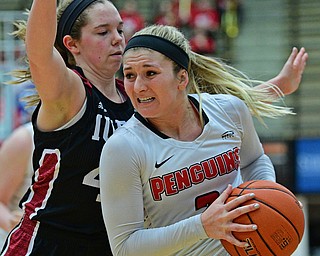 YOUNGSTOWN, OHIO JANUARY 5, 2019: Youngstown State's Alison Smolinski drives on IUPUI's Sydney Hall during the second half of their game, Saturday afternoon at Beeghly Center. Youngstown State won 70-52. DAVID DERMER | THE VINDICATOR