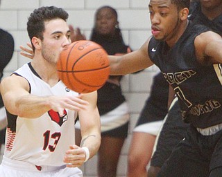 William D. Lewis The Vindicator Canfield's Brendan Bova(13) passes around Harding's Aston Bates(1) during 1-8-19 action at Canfield.