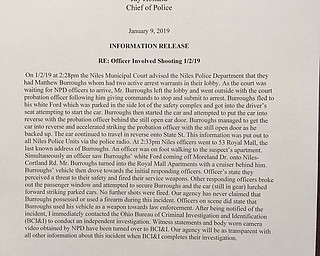 Statement issued by Niles police regarding officer-involved fatal shooting at Royal Mall Apartments.