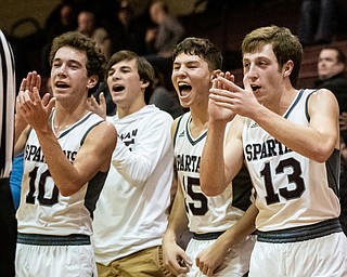 DIANNA OATRIDGE | THE VINDICATOR  Members of the Boardman basketball team react after their teammate scored and drew a foul during the Spartans' 73-42 victory in Boardman on Friday night.