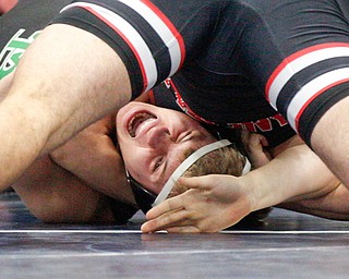 West Branch's Kenny Marra and Canfield's Nick Crawford at the EOWL wrestling finals at Austintown Fitch High School on Saturday afternoon. EMILY MATTHEWS | THE VINDICATOR