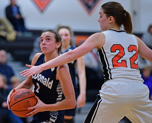MINERAL RIDGE, OHIO - JANUARY 2019: McDonald's Olivia Perry goes to the basket against Mineral Ridge's Fran Kesner during the second half of their game, Monday night at Mineral Ridge High School. McDonald won 46-18. DAVID DERMER | THE VINDICATOR