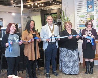 Neighbors | Jessica Harker.Pressed Coffee Bar and Eatery representatives prepared to cut the ribbon officially opening the location, from left, Megan Shaw, Amy Tuscano, Frank Tuscano, Pamela Vonbergen and Aimee Fifarek.