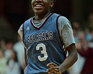 CANFIELD, OHIO - JANUARY 18, 2019:  Boardman's Derrick Anderson celebrates after making a basket and being fouled during the second half of their game, Friday night at Canfield High School. DAVID DERMER | THE VINDICATOR